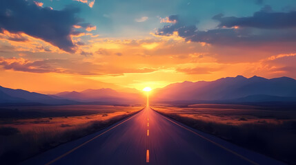 Sunset Landscape with Road Through Fields and Mountains