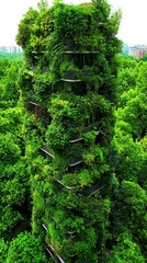 Green urban building amidst lush forest, promoting sustainable architecture