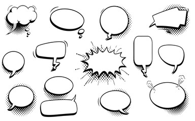 Hand drawn vector set of speech bubbles icons and labels