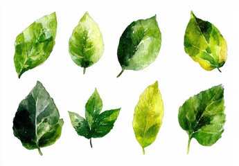 Fototapeta premium Watercolor Illustration of Various Green Leaves on White Background