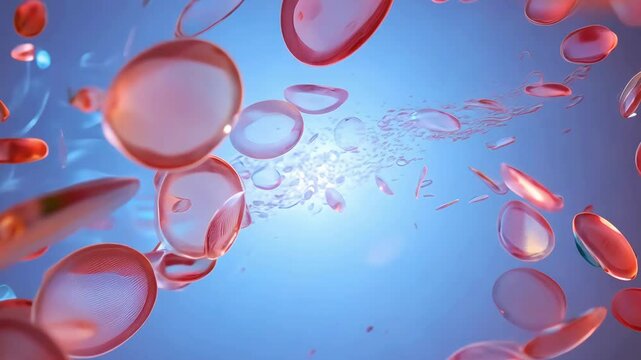 Close-up of red blood cells suspended in a fluid, ai video with glowing light effects and vibrant colors, symbolizing blood flow and biological activity.
