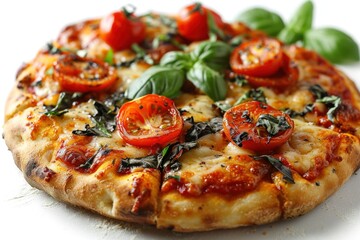 Pizza. Sicilian Pizza. Traditional Thick-Crust Italian Pizza with Rich Tomato Sauce, Mozzarella Cheese,  Delicious Sicilian Pizza Isolated on White on a Background with Copy Space