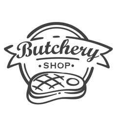 Butchery shop round logo with BBQ steak line icon. Outline hand drawn seal with barbecue meat, beefsteak with grill stripe and Butchery text on ribbon emblem. Butchery logotype vector illustration