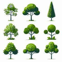 Fototapeta premium A vibrant illustration showcasing a set of various tree types, including different shapes, sizes, and colors. Perfect for environmental projects, educational materials, landscape design presentation