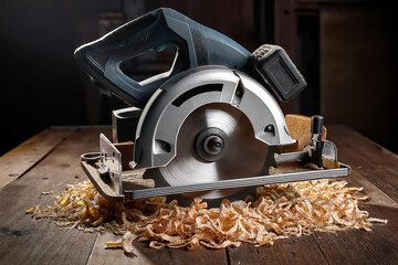 Sierra circular sobre mesa de trabajo con virutas
