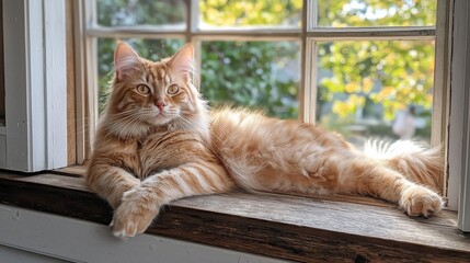 fluffy Maine Coon cat, lounging lazily on a wooden windowsill, gazing outside with an alert yet relaxed expression, with soft sunlight filtering through the window