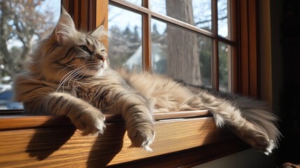fluffy Maine Coon cat, lounging lazily on a wooden windowsill, gazing outside with an alert yet relaxed expression, with soft sunlight filtering through the window
