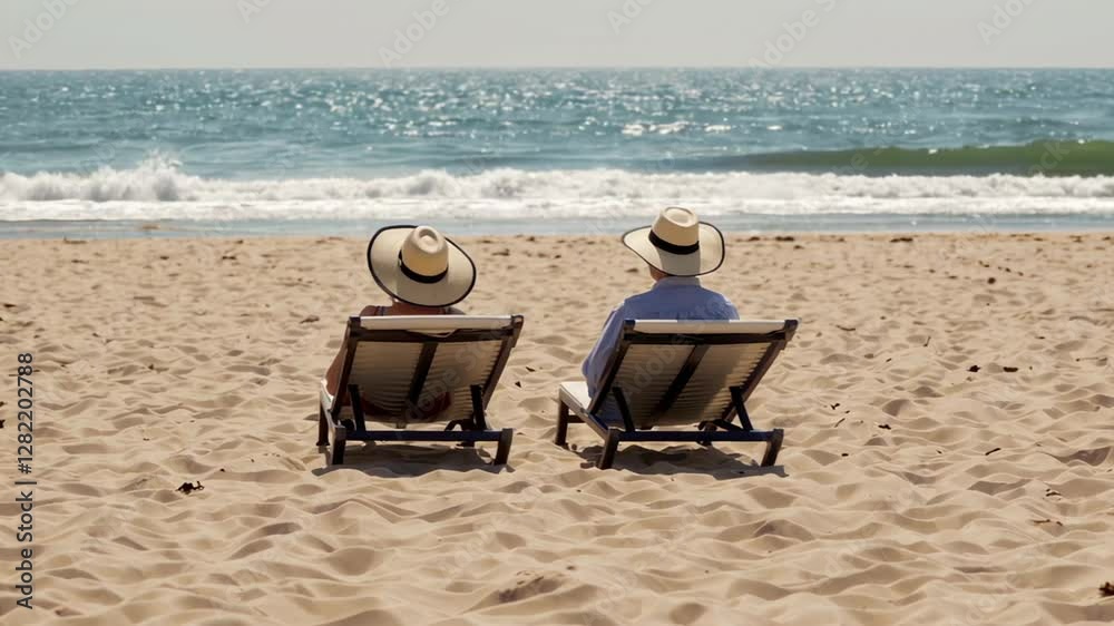 Aufkleber senior tourists enjoy a relaxing moment on the beach, sitting on comfortable chairs and admiring the