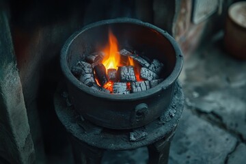 Charcoal Stove with Glowing Coals and Flames in a Rustic Kitchen