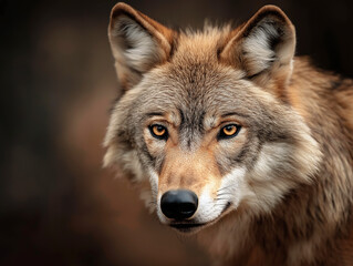 Close-up portrait of a wild wolf with piercing golden eyes