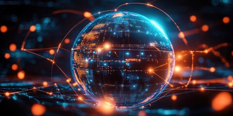 Obraz premium Global Connectivity Digital Globe with High-Speed Data Transfer in Cyberpunk Style
