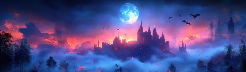 Haunted Castle in Foggy Night Landscape with Full Moon Bats and Dark Forest