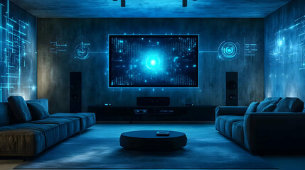 Modern smart tv connected with sound bar. Home entertainment system. Tech, visual, audio entertainment. Stylish interior design. Living room setup. High-quality 