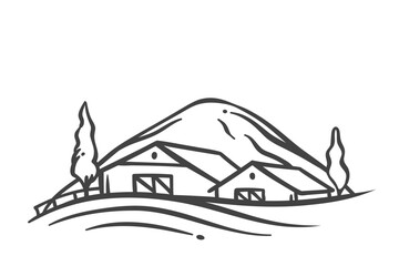 Farm barn houses on field, countryside scene line icon. Outline hand drawn sketch of landscape with farm buildings, hill and trees. Agriculture, crops storage mascot, farmyard icon vector illustration