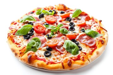 Neapolitan Pizza. Authentic Italian Wood-Fired Pizza with Thin Crust, Fresh Tomato Sauce, Mozzarella Cheese, and Basil, Traditional Neapolitan Pizza Isolated on White on a Background with Copy Space