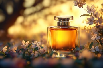 A luxurious glass perfume bottle filled with golden liquid is nestled among delicate white blossoms in a sunlit field. 