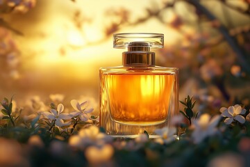A luxurious glass perfume bottle filled with golden liquid is nestled among delicate white blossoms in a sunlit field. 