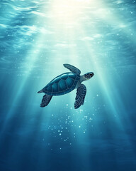 Obraz premium Sea turtle swimming under sunlit ocean water with bubbles