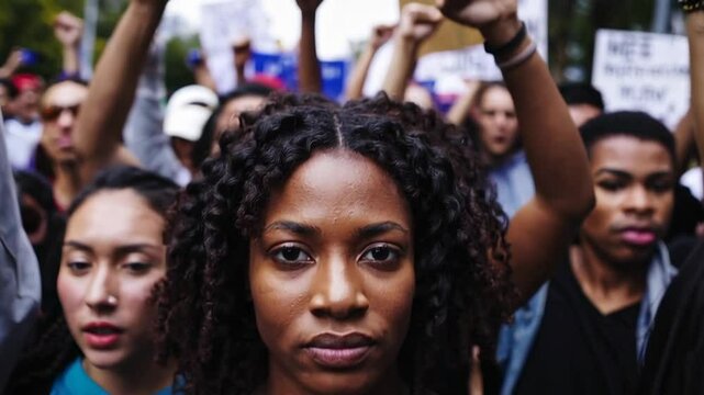 Diverse group of young activists marching in slow motion, powerfully raising fists during protest, embodying solidarity and passion for social justice and equality