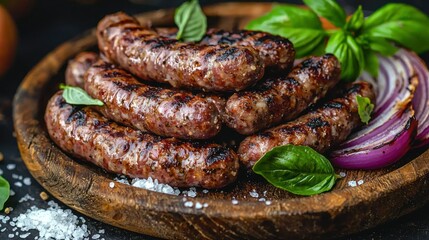Grilled sausages with basil and red onion on wooden board