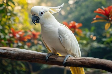 Sulphur-crested cockatoo perched on a branch in morning light showcasing beautiful white feathers and lush green background