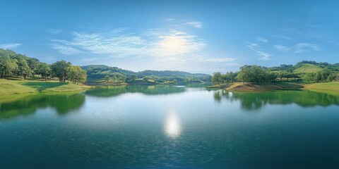 Obraz premium Panoramic View of Sermo Lake in Yogyakarta Indonesia with Tranquil Water and Lush Hills