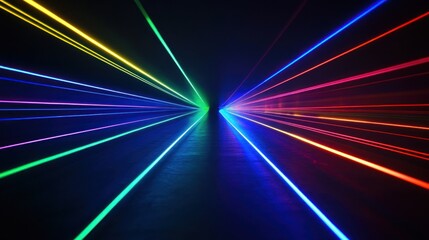 Colorful laser beams converge, dark room, light show, abstract art, futuristic design