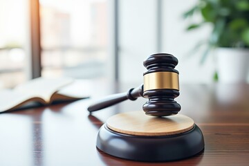 A Close-Up of a Wooden Gavel Resting on a Round Sounding Block in a Lawyer's Office, Emphasizing Justice and Legal Proceedings in a Sunny Environment