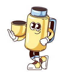 Groovy thermos cartoon character holding lid. Funny retro tumbler thermo cup for coffee with handle standing. Camping mascot, cartoon yellow bottle sticker of 70s 80s style vector illustration