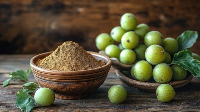Amla Powder and Avla Fruits on Rustic Wooden Table for Ayurvedic Health and Nutrition