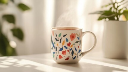 fitness tracker, hand-painted ceramic mug, filled with steaming tea, placed on a clean white surface with natural light highlighting the colors of the design