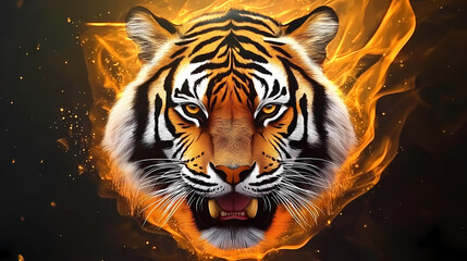 Fototapeta premium Fierce Tiger Head Illustration with Fiery Flames