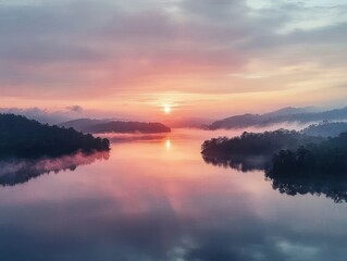 Fototapeta premium Aerial View of Tranquil Lake at Sunset with Mist and Soft Pastel Colors