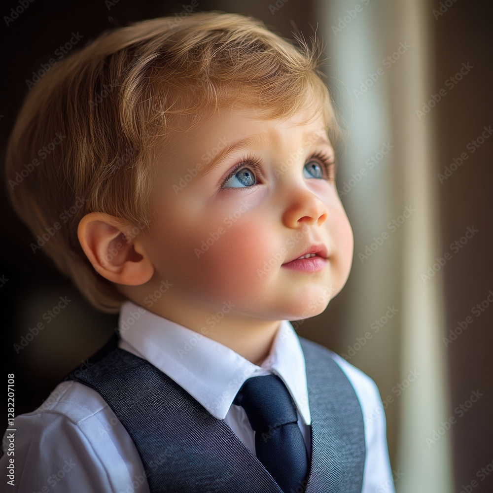 Aufkleber Young boy in formal attire looking upward with curiosity and innocence in a soft lit setting. Generative AI