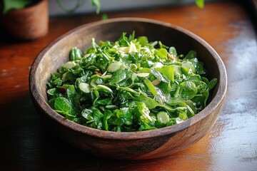 Fresh Indonesian Traditional Salad Trancam Urap in Rustic Wooden Bowl