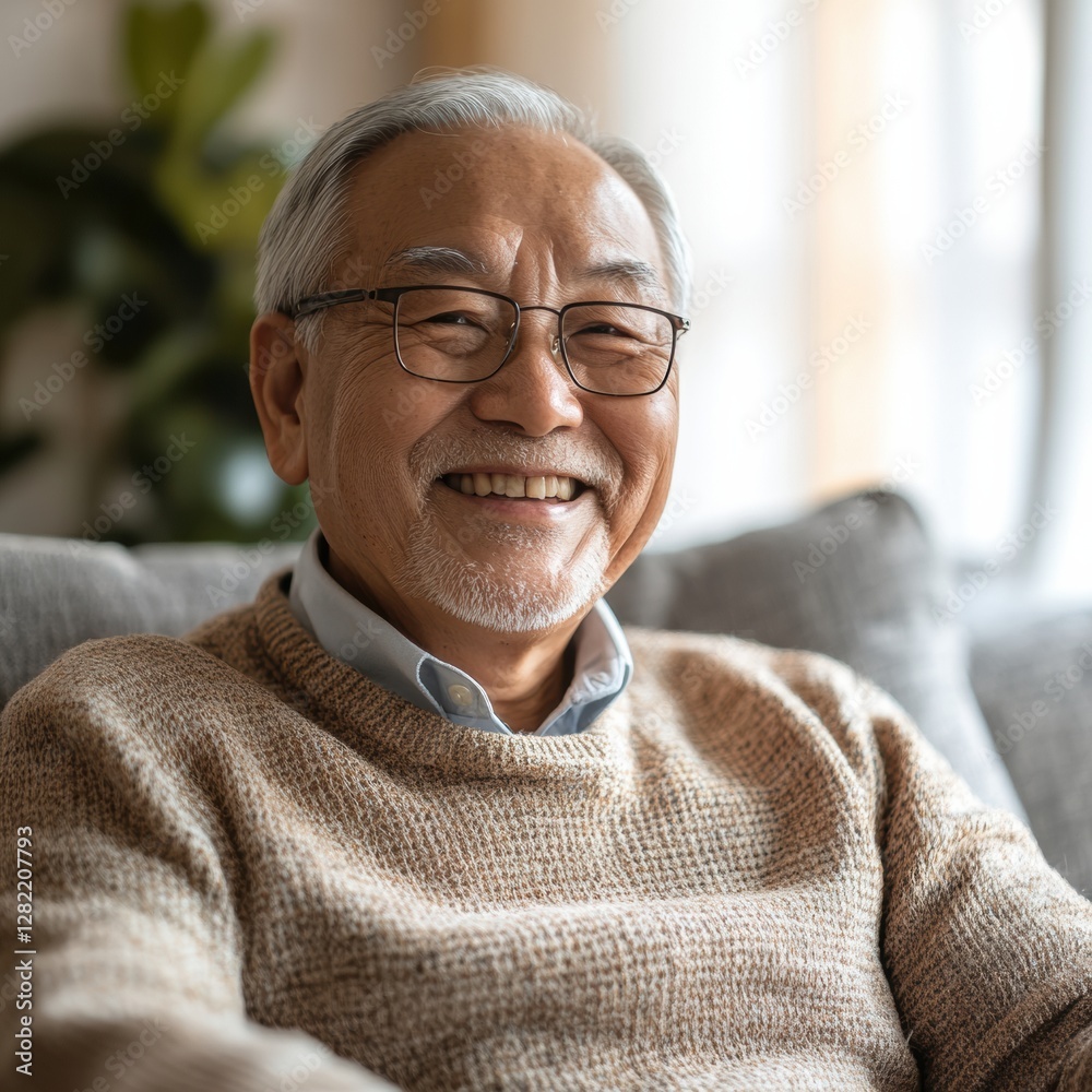 Poster smiling senior man relaxing on a cozy couch at home in warm afternoon light. generative ai