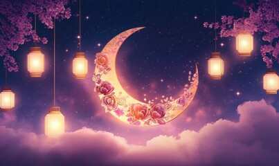 Eid Celebration Banner with Crescent Moon Lanterns and Floral Patterns in Pastel Background