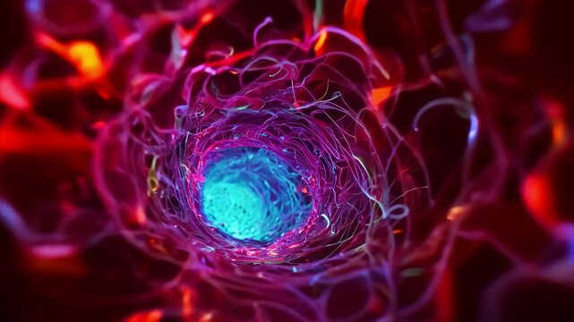 Abstract view of glowing blood vessels filled with red blood cells, creating a dynamic flow through a colorful, vibrant tunnel.
