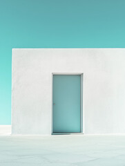 Minimalist building with blue door against turquoise sky