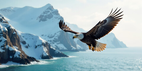 Large eagle is flying over a snowy mountain range and a body of water. The scene is serene and peaceful, with the eagle soaring high in the sky. For background, copy space