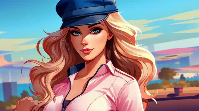 A stunning cartoon image of a sexy cop girl in anime style, with beautiful features, set on a vibrant street scene.