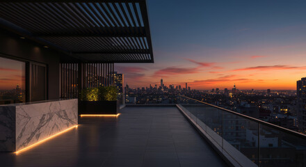 Fototapeta premium City skyline is visible in the distance as the sun sets. The view from the rooftop terrace is breathtaking, with the city lights twinkling in the distance. For background, copy space