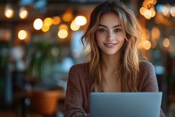 Fototapeta premium Focused young businesswoman working on laptop in modern office smiling while learning and communicating at her desk