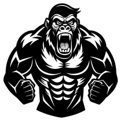 Gorilla Pounding Chest Vector Illustration – Cartoon, Clipart & Line Art Design, Powerful gorilla pounding its chest with a fierce expression – vector cartoon, clipart & line art.