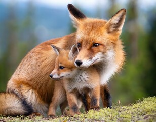 Obraz premium Fox mother and her cub interact in a natural setting during daylight hours