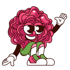 Groovy pink flower cartoon character waving hand. Funny retro summer flower with petals and happy smile greeting. Gift to girl, love mascot, cartoon floral sticker of 70s 80s style vector illustration