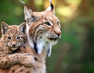 Lynx mother and kitten engage in affectionate display in natural environment
