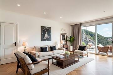 Fototapeta premium Elegant Modern Living Room Featuring Neutral Tones, Cozy Sofa, and Scenic Balcony View in a Contemporary Apartment Setting