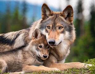 Fototapeta premium Mother wolf and her cub relax in a forest during a sunny afternoon