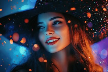 Mysterious Witch in Black Hat at Colorful Halloween Party Surrounded by Confetti and Vibrant Lights